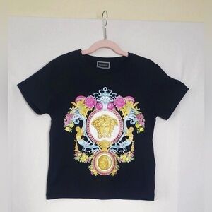 Versace Kids Black Tee with Colorful Medusa Design